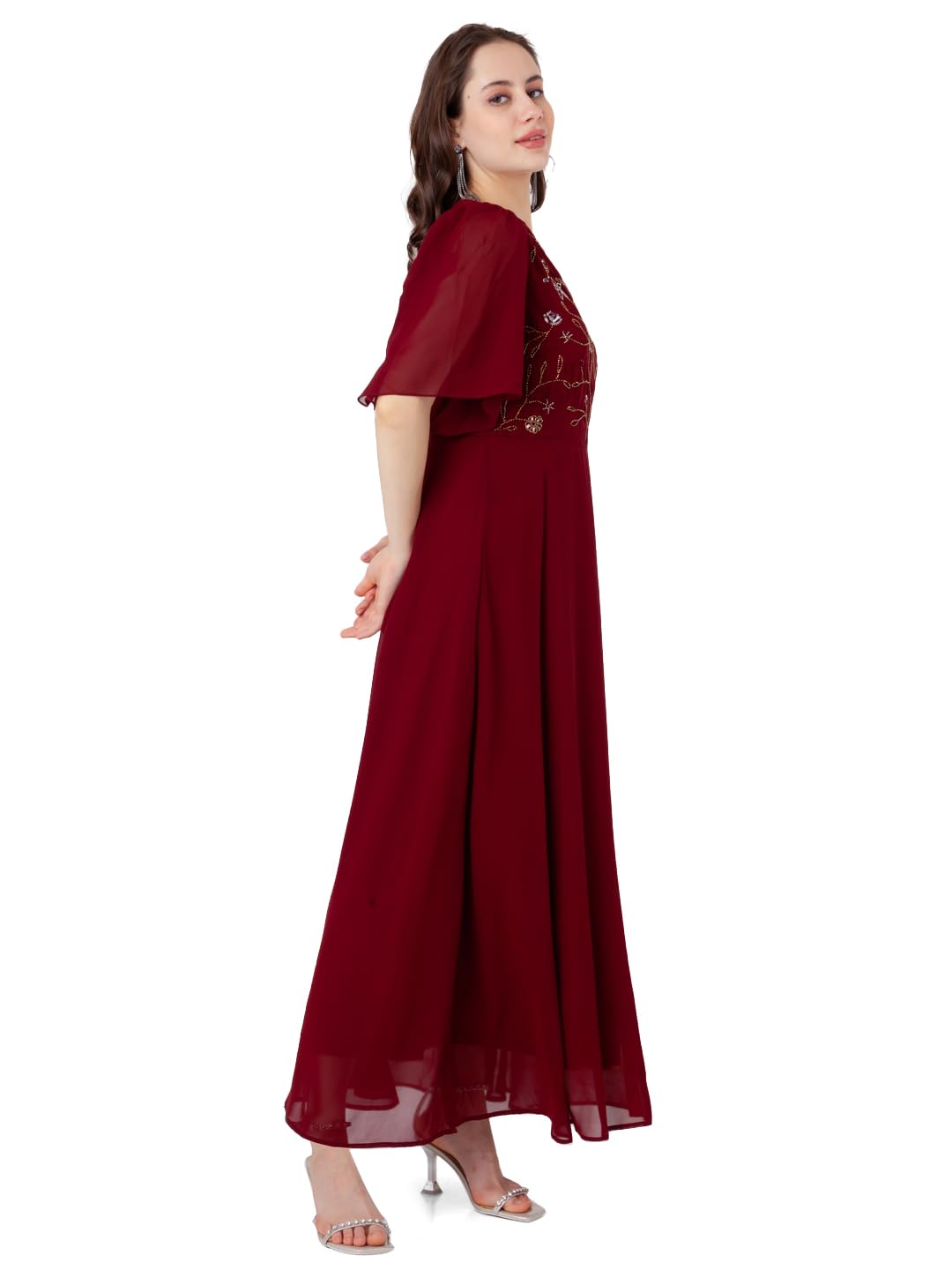 Zink London Women's Maroon Embroidered Empire Maxi Dress