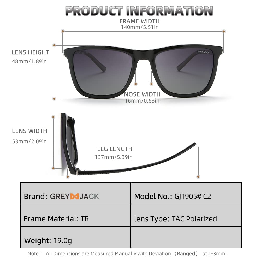 grey jack TR90 Polarized Sunglasses for Men Women, Square Shape Full Rim Sun Glasses GJ1905 (Black Frame Double Black Lens)