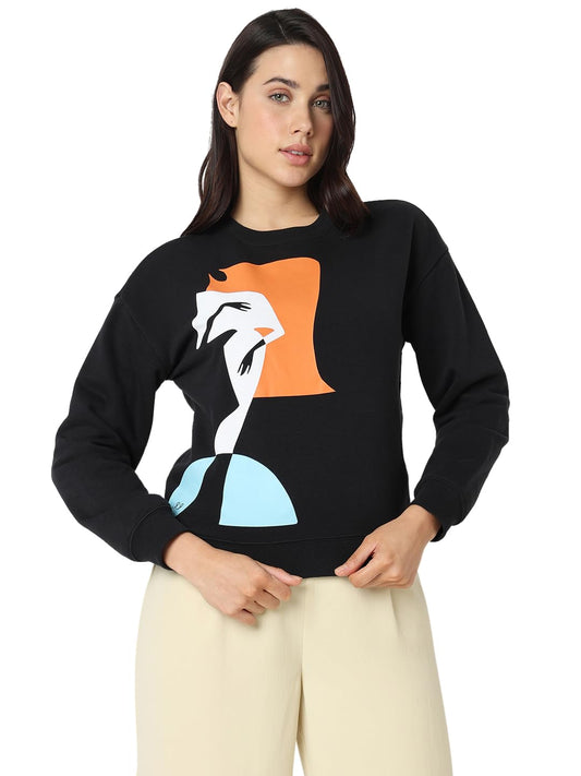 VERO MODA Women Graphic Print Black Cotton Regular Fit Sweatshirt