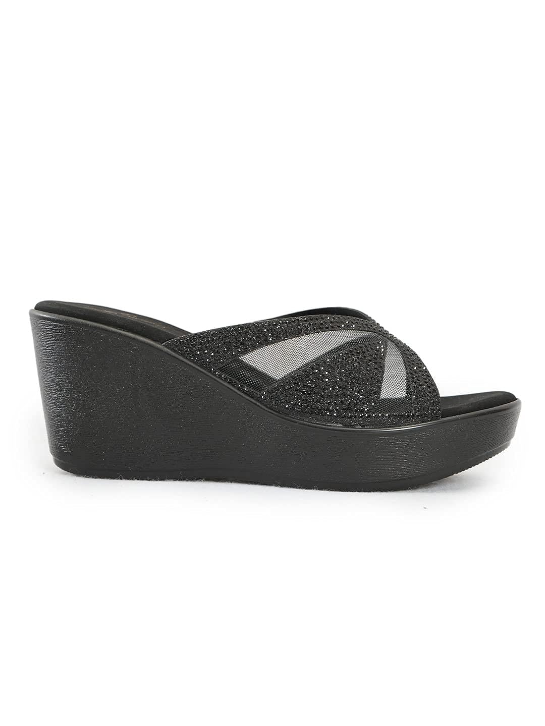 pelle albero Women Black Embellished Slip-On Wedge Heels Sandals BLACK
