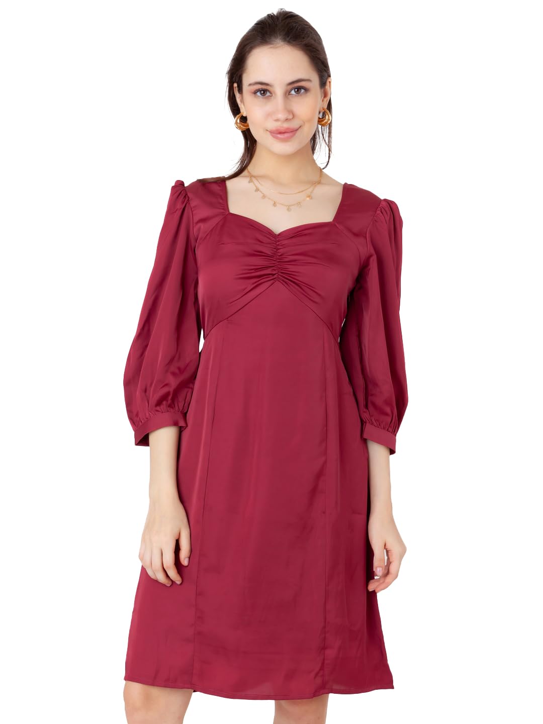 Zink London Women's Maroon Solid A-Line Short Dress