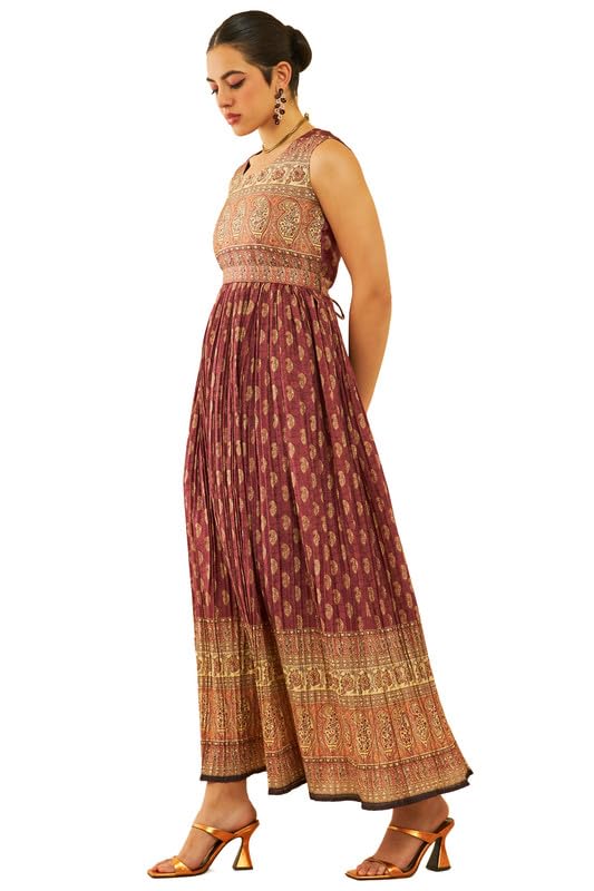 Soch Womens Maroon Art Silk Paisley Print Dress with Sequins