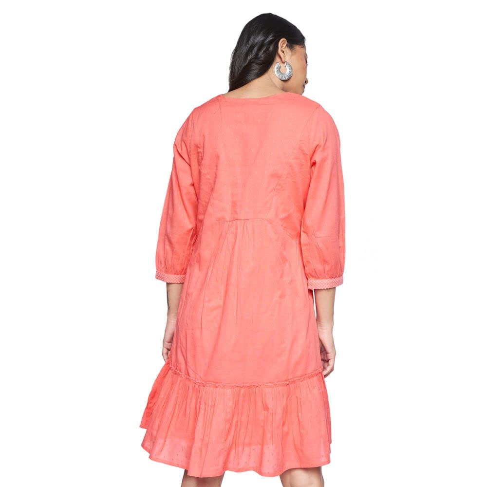 global desi Solid Cotton V Neck Womens Flared Dress (Coral)