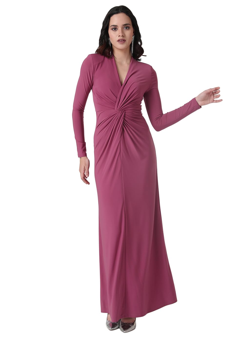 Kazo Solid V Neck Poly Cotton Women's Maxi Dress (Pink)