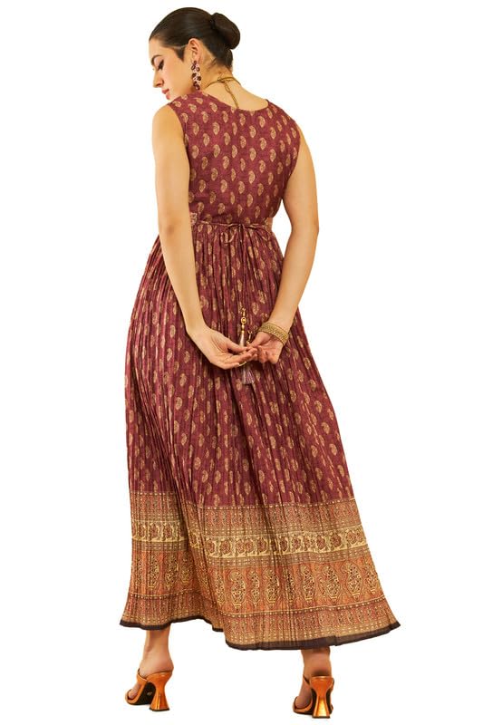 Soch Womens Maroon Art Silk Paisley Print Dress with Sequins