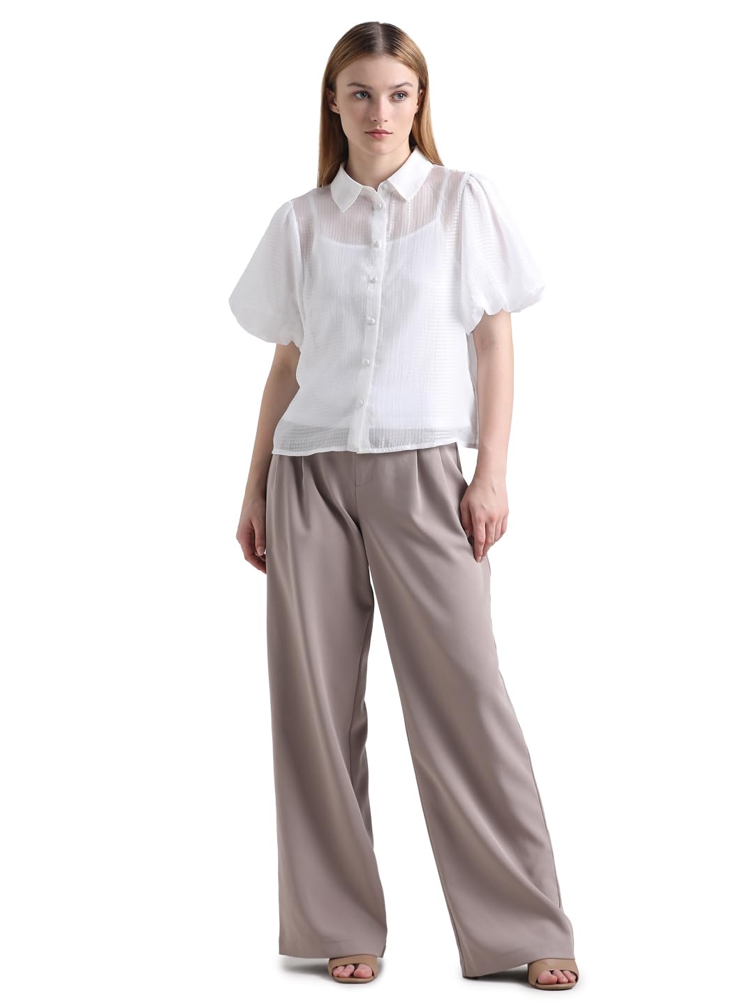 ONLY Women's Solid Slim Fit Shirt (15326583-Snow White_Snow