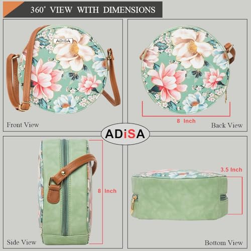 ADISA Women Girls Flower Print Sling Bag Round Crossbody Purse (SL6007-GRN_Green)