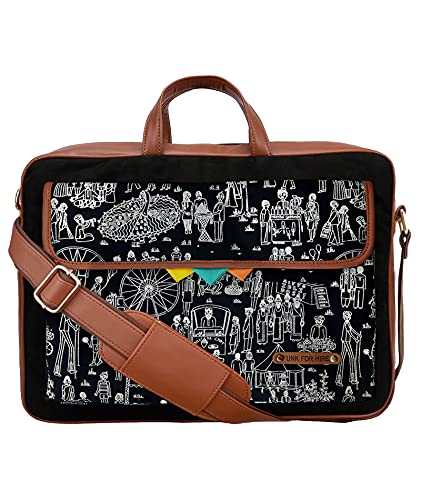 Funk For Hire Mela Printed One Pocket Cotton Canvas Unisex 17 inch Laptop Bag Black