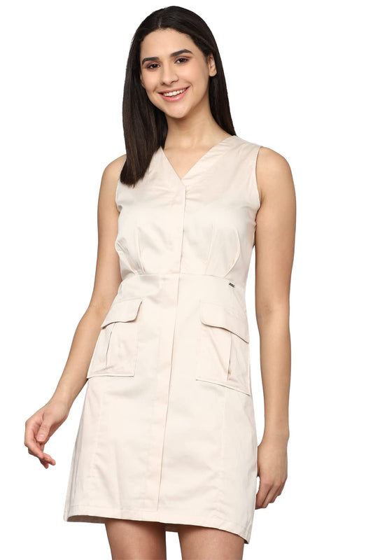 Allen Solly Women's Polyester Blend Classic Above The Knee Dress (Cream)