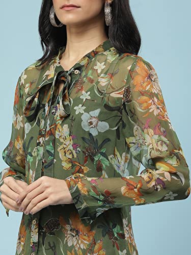 Aarke Ritu Kumar Green Floral Print Tie-Up Shirt with Camisole