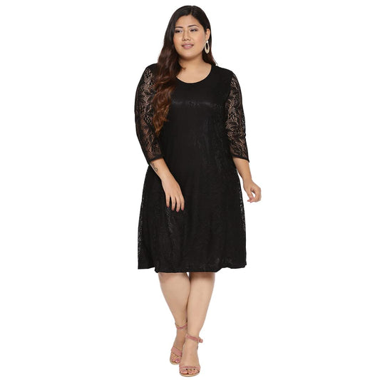 The Pink Moon Women's A-Line Knee Length Plus Size Floral Lace Party Dress (Black)