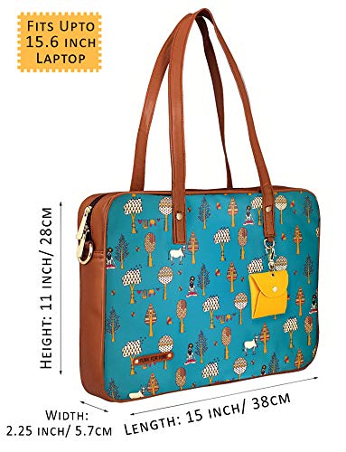 Funk For Hire Women Printed Vegan 15.6 inch Leather Laptop Handbag/Sling Bag Teal Blue