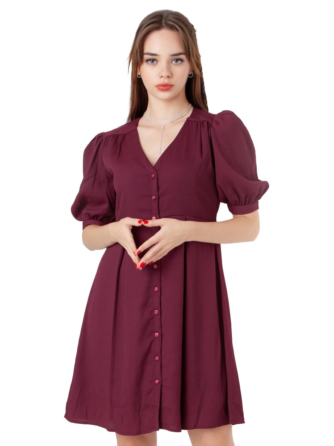 Zink London Women's Maroon Solid Regular Short Dress