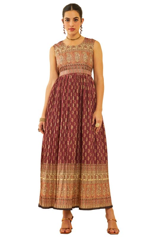 Soch Womens Maroon Art Silk Paisley Print Dress with Sequins