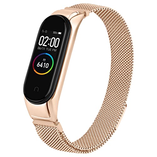 Tobfit Magnetic Strap Compatible for Xiaomi Mi Band 4 / Mi Band 3 (Watch Not Included), Stainless Steel Chain Strap with Magnetic Buckle, Sport Replacement watchstrap for Women & Men (Rose Gold)