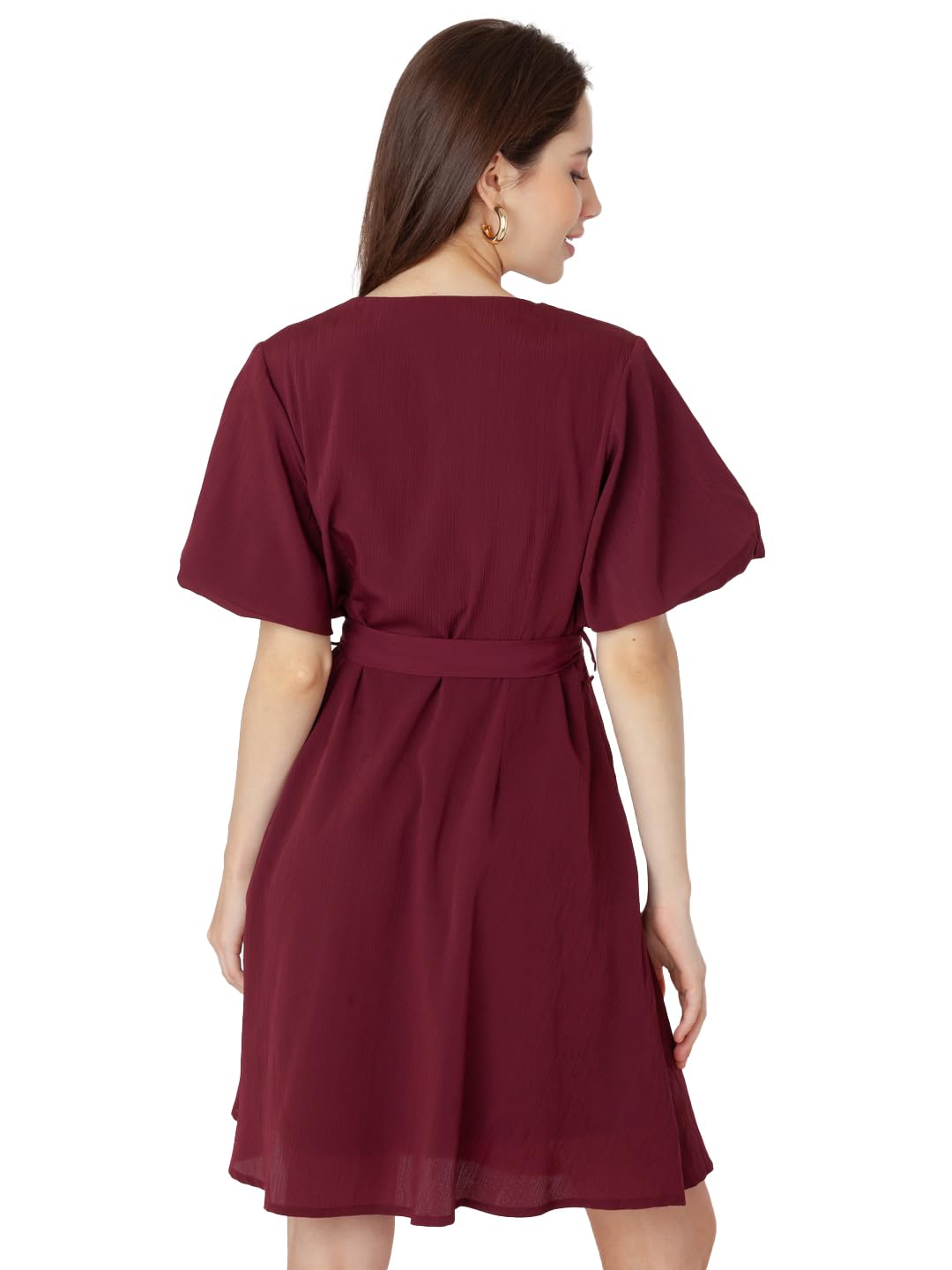 Zink London Women's Maroon Textured Regular Short Dress