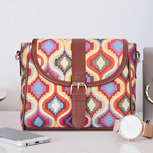 THE CLOWNFISH Madeline Printed Handicraft Fabric Handbag for Women Sling Bag Office Bag Ladies Shoulder Bag with Snap Flap Closure & Shoulder Belt Tote For Women College Girls (Multicolour Design)