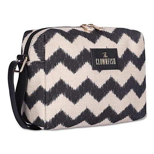 THE CLOWNFISH Alfreda Series Sling for Women Printed Handicraft Fabric & Faux Leather Casual Ladies Single Shoulder Bag For Women Crossbody Bag for College Girls (Black-Wave Design)