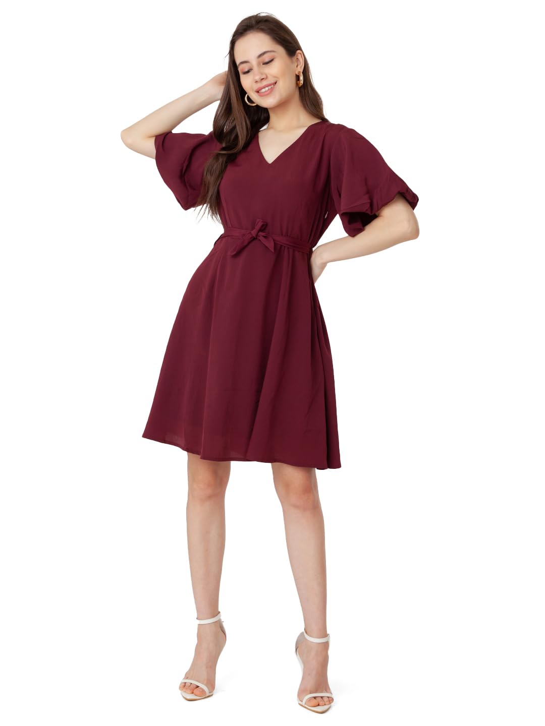 Zink London Women's Maroon Textured Regular Short Dress