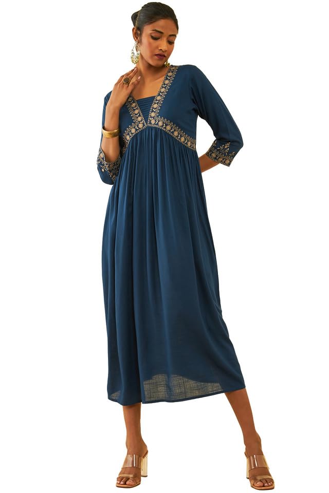 Soch Womens Blue Rayon Slub Embroidered Dress with Thread Work(8909058020508)