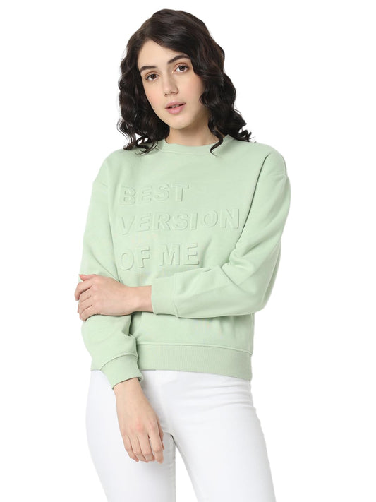 VERO MODA Women's Cotton Round Neck Sweatshirt (Smoke Green)