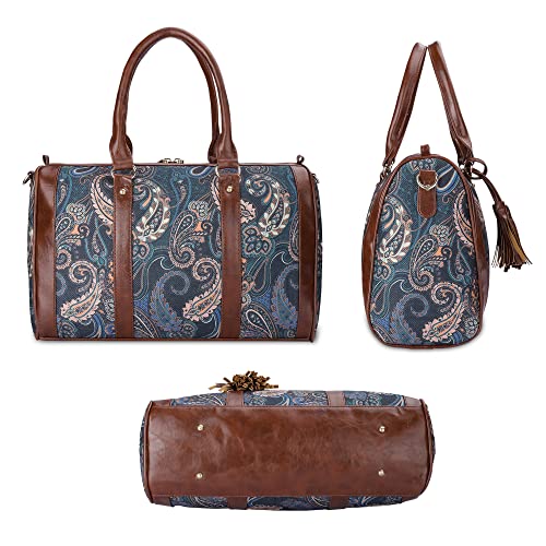 THE CLOWNFISH Lorna Printed Handicraft Fabric & Faux Leather Handbag Sling Bag for Women Office Bag Ladies Shoulder Bag Tote For Women College Girls (Peacock Blue-Floral)