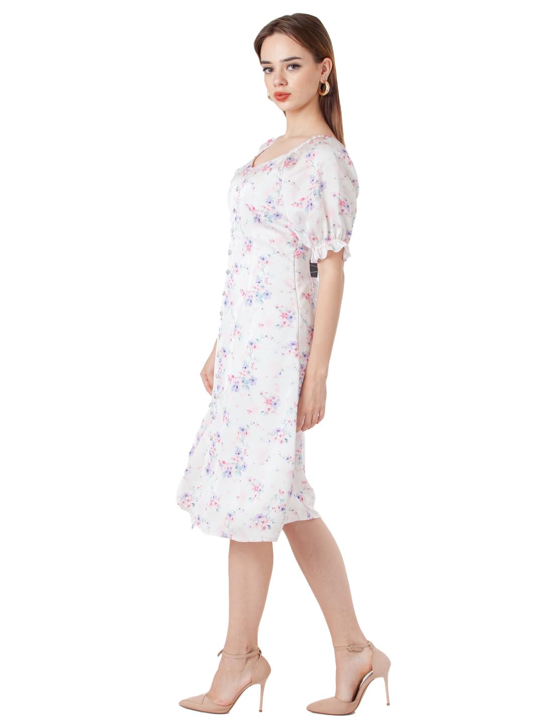 Zink London Women's White Printed Regular Midi Dress