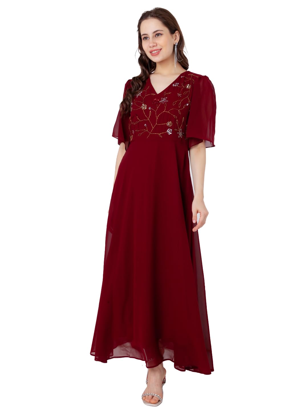 Zink London Women's Maroon Embroidered Empire Maxi Dress