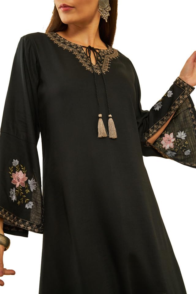 Soch Womens Black Rayon Slub Embroidered Dress with Thread Work(8909058020577)