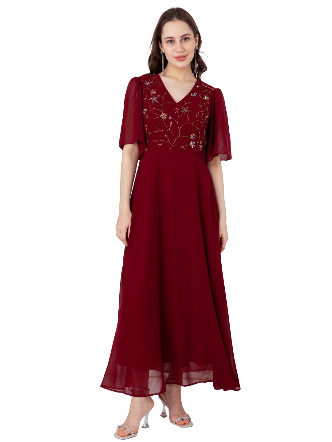 Zink London Women's Maroon Embroidered Empire Maxi Dress