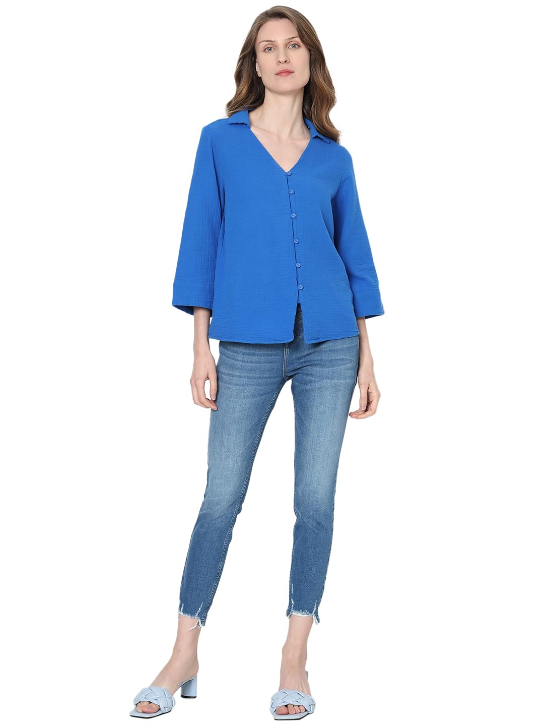 VERO MODA Women's Solid Relaxed Fit Shirt (120252602-Lapis Blue_Lapis