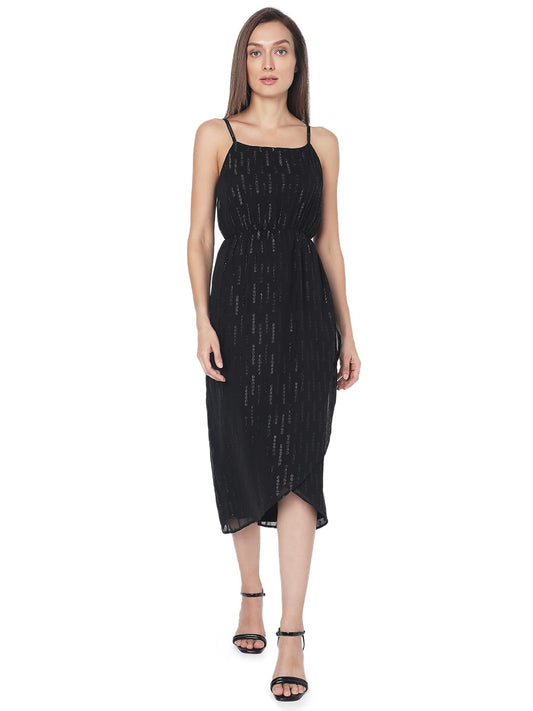 VERO MODA Women's Polyester Fit and Flare Midi Dress (Jet Black)