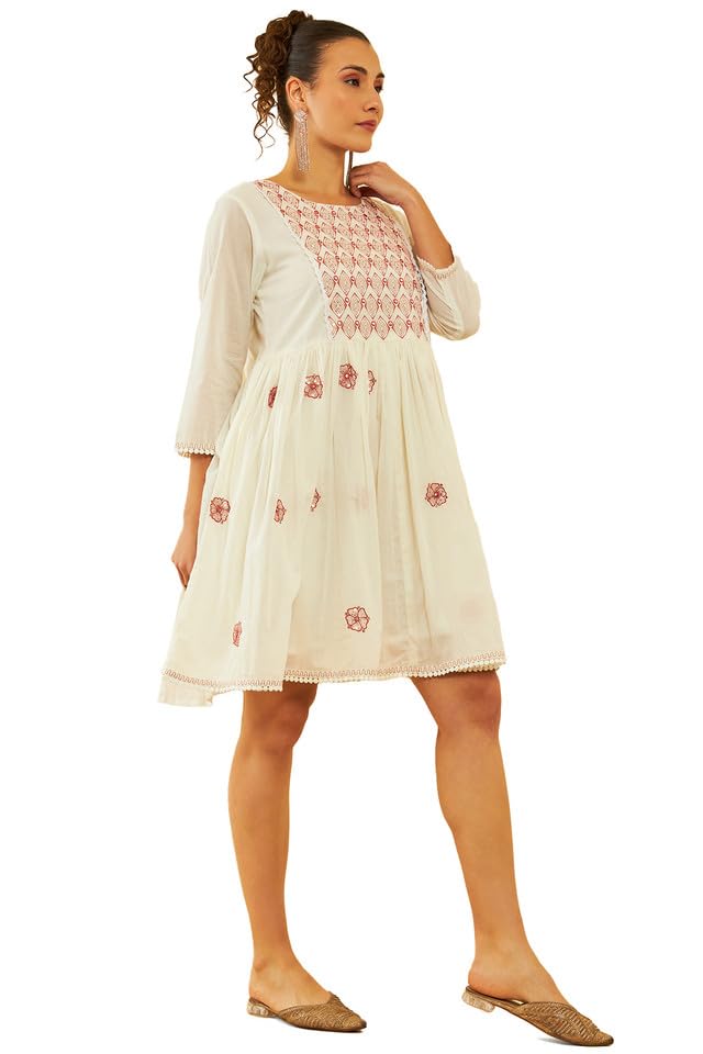 Soch Womens White Cotton Embroidered Dress with Thread Work(8909058011155)