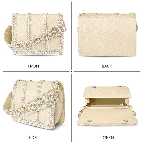Buy Cream White Color Box Clutch Bag with Zari and Pearl Embroidery At  IndyVogue