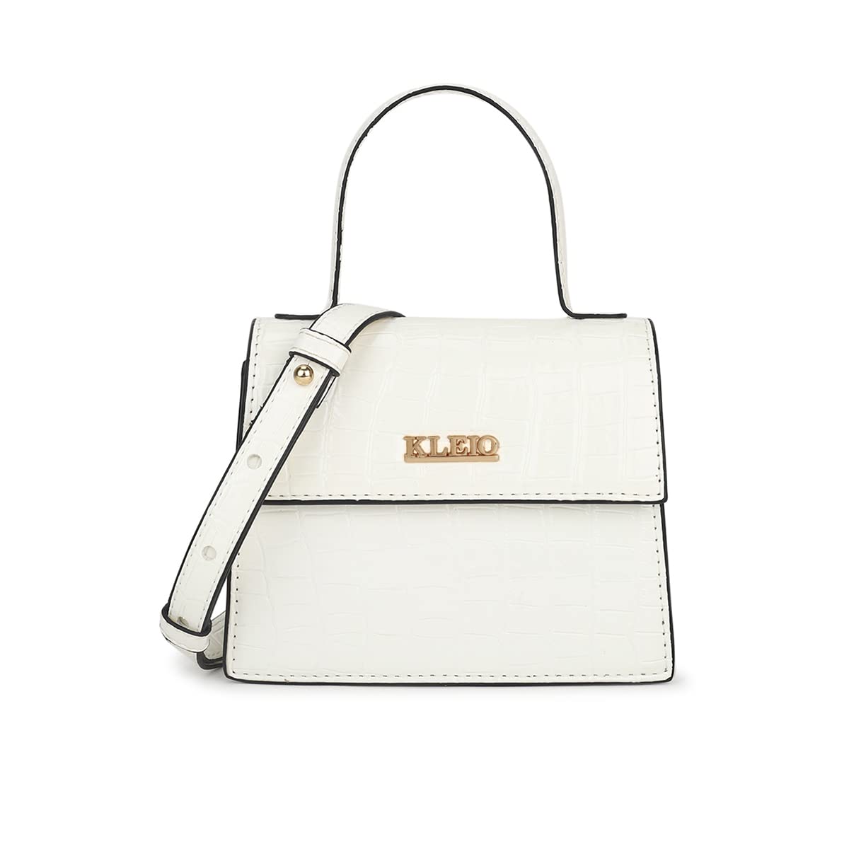 KLEIO PU Leather Mini Handbag for Women (White) with Top Handle | Detachable Crossbody Sling for Girls | Spacious Travel Hand Bag for Ladies to Carry Essentials