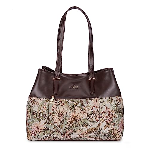 THE CLOWNFISH Calista Tapestry & Faux Leather Handbag for Women Office Bag Ladies Shoulder Bag Tote For Women College Girls (Beige)