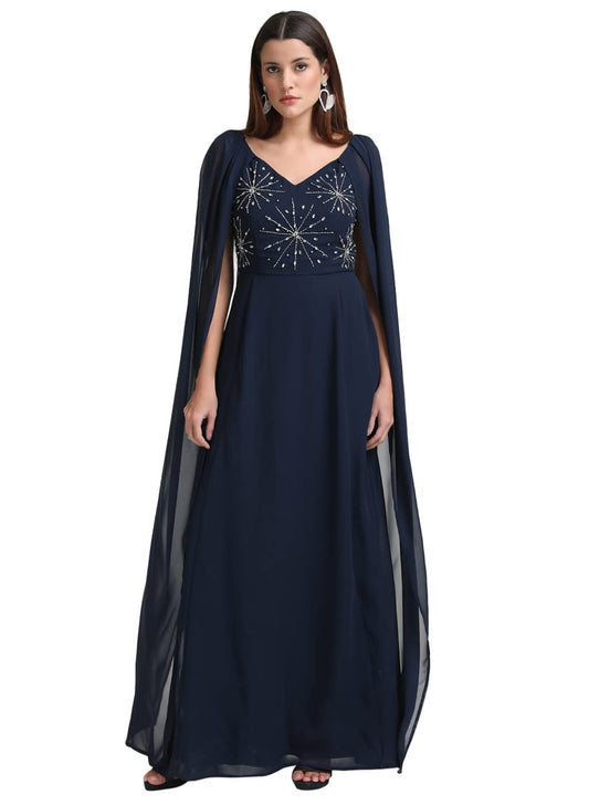 Kazo Embellished Polyester Blend V Neck Women's Maxi Dress (Blue)