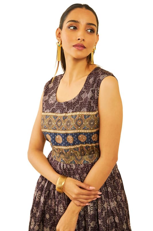 Soch Womens Charcoal Art Silk Bandhani Print Dress with Sequins