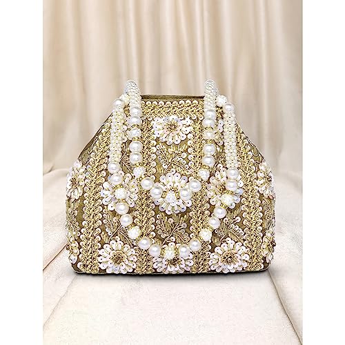 Peora Gold Potli Purses for Women Handmade Evening Handbag Stylish Bridal Fashion Wristlet Bag for Girls