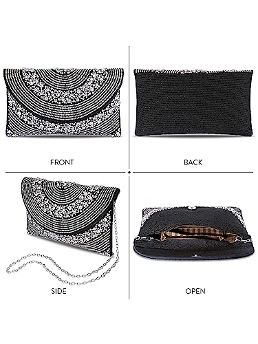 Peora Black Silver Clutch Purses for Women Handmade Evening Handbag Stylish Bridal Fashion Clutch Bag for Girls