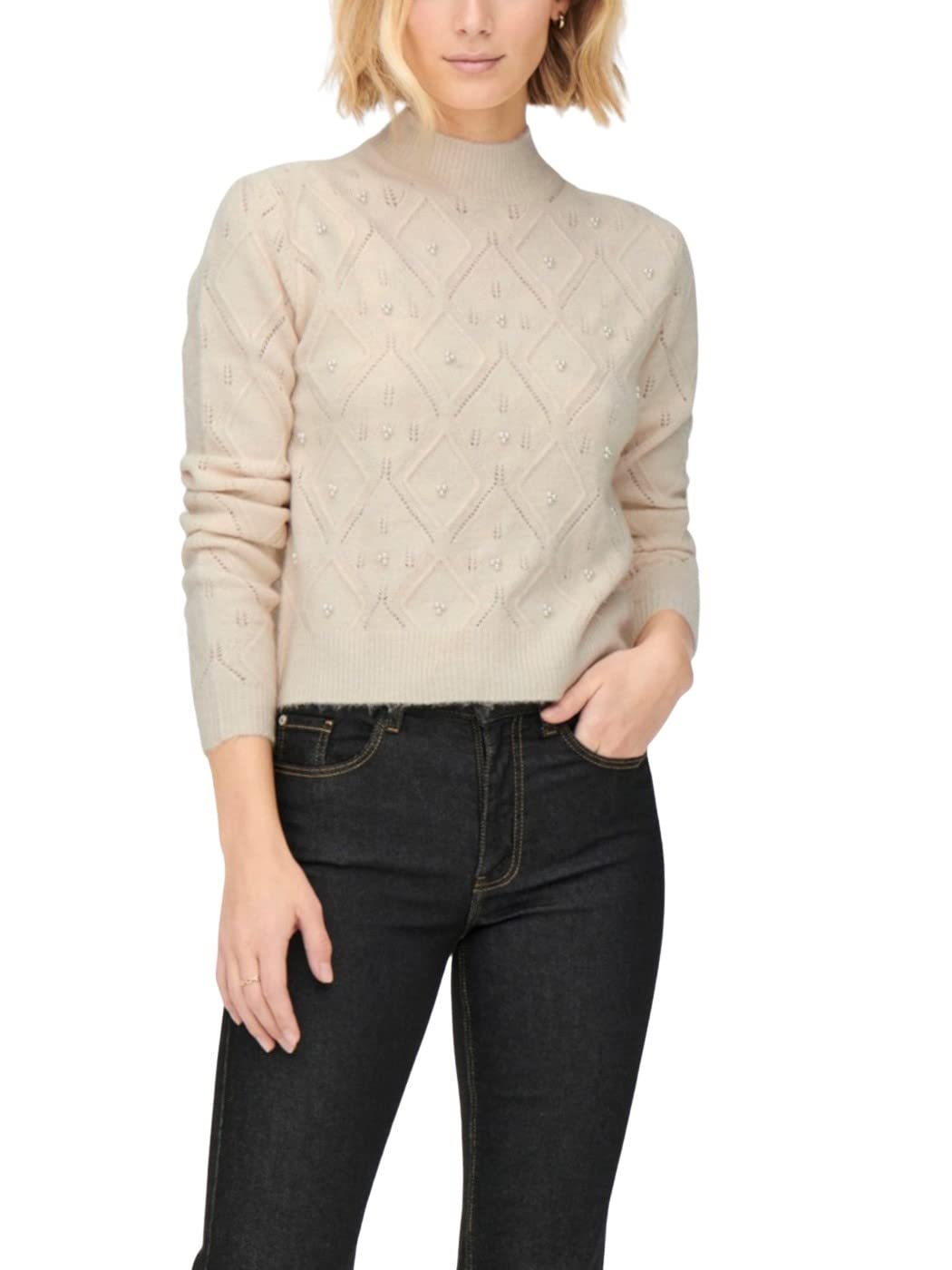 ONLY Solid Acrylic Regular Fit Womens Sweater (Beige)