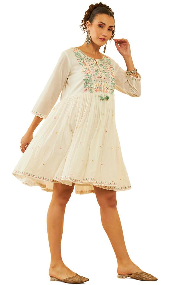 Soch Womens White Cotton Embroidered Dress with Thread Work(8909058011285)