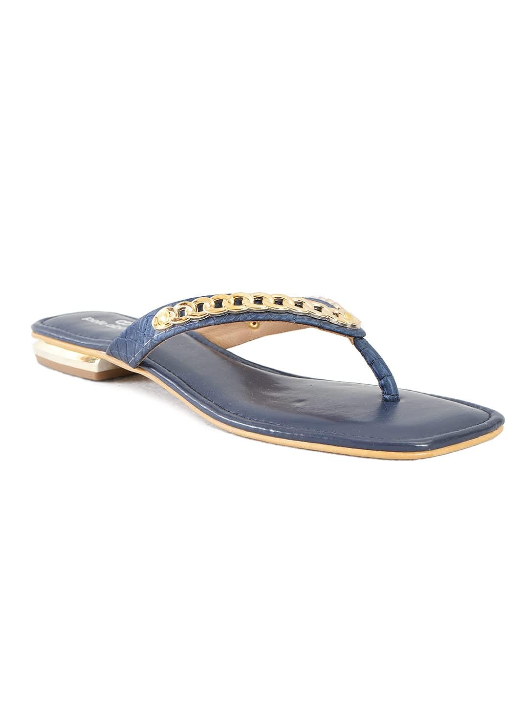 pelle albero Women Blue Embellished Slip-On Flat Flats Sandals BLUE