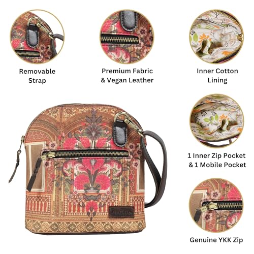 Fatfatiya Poly Canvas & Vegan Leather Ethnic Haveli Flower Design Cross Body Bag for Women and Girls |Stylish Vegan Leather Ladies Purse with Zipper | Elevate Your Look