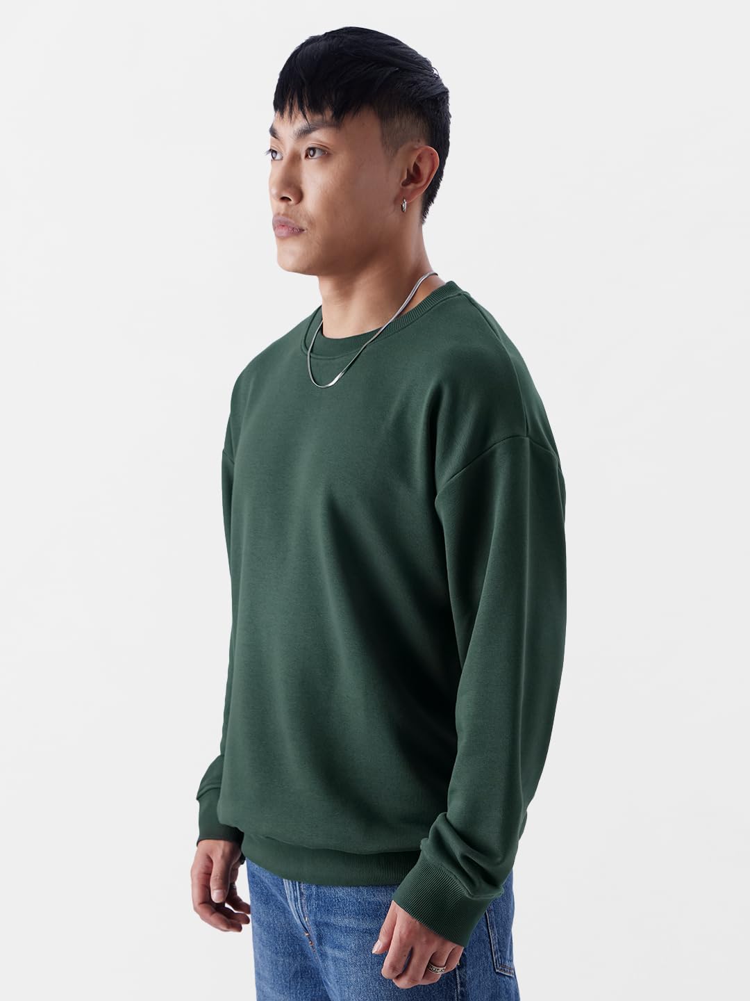 The Souled Store Solids: Bottle Green Men Oversized Sweatshirts Sweatshirts Hoodies Pullovers Crewneck Hooded Zip-Up Graphic Printed Solid Color Block Sportswear Casual Warm Cozy Comfortable Winter