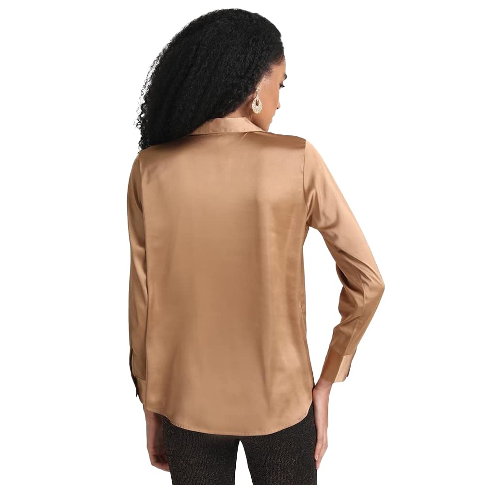 Kazo Solid Satin Collar Neck Women's Formal Shirt (Brown,Extra Small)