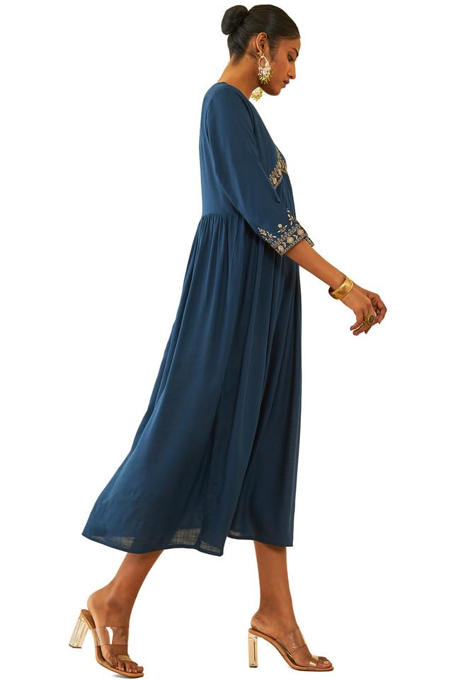 Soch Womens Blue Rayon Slub Embroidered Dress with Thread Work(8909058020508)