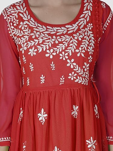 Seva Chikan Hand Embroidered Lucknowi Chikankari Red Georgette Women Short Top & Tunic with Inner Slip (Red)