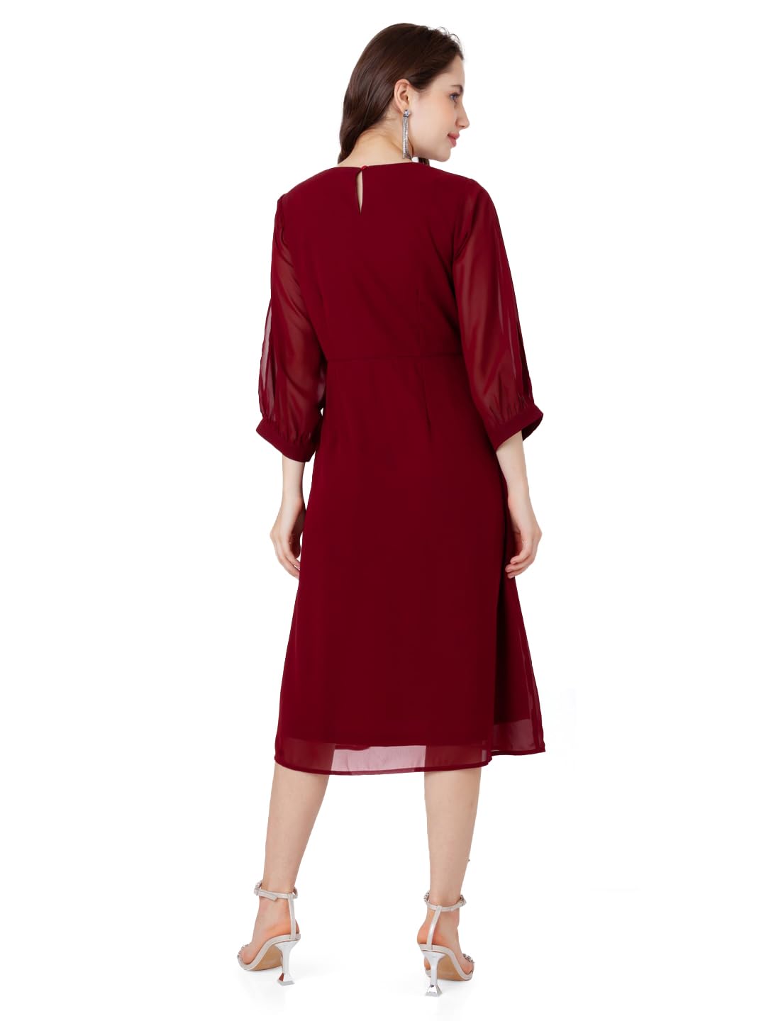 Zink London Women's Maroon Embroidered A-Line Midi Dress