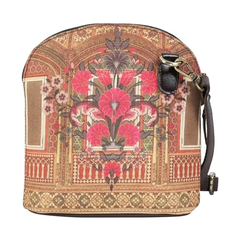 Fatfatiya Poly Canvas & Vegan Leather Ethnic Haveli Flower Design Cross Body Bag for Women and Girls |Stylish Vegan Leather Ladies Purse with Zipper | Elevate Your Look